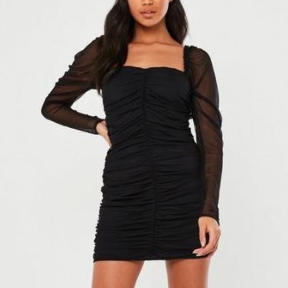 Missguided Black Mesh Ruched Long Sleeve Mini Dress